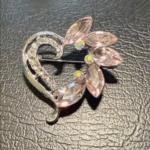 Sparkling Silver and Pink Leaf Brooch heart shaped